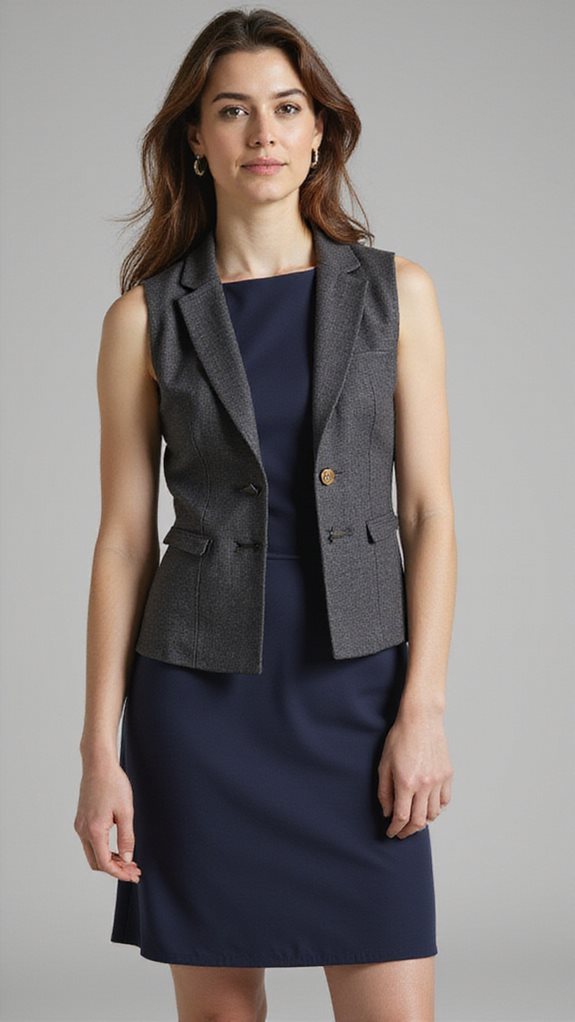 layered vest over shift dress