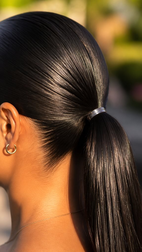sleek wet look ponytail style